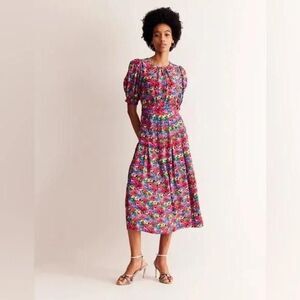 Boden Liv Dress Womens 6 Multicolor Floral Puff Sleeve Midi Fit Flare Pockets